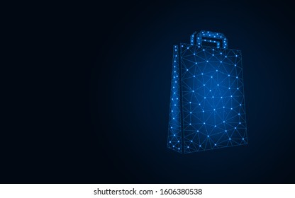 Shopping bag low poly design, wireframe mesh polygonal vector illustration made from points and lines on dark blue background