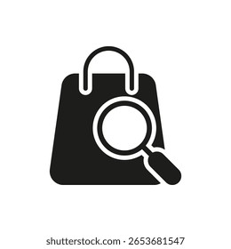 Shopping Bag With Magnifying Glass Solid Icon. Online Shopping And Product Search Silhouette Symbol. E-Commerce Exploration And Consumer Research. Isolated Vector Illustration.