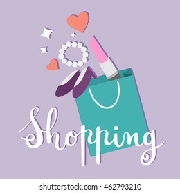 Shopping bag with makeup and accessories in flat style. Vector illustration.
