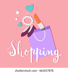Shopping bag with makeup and accessories in flat style. Vector illustration.
