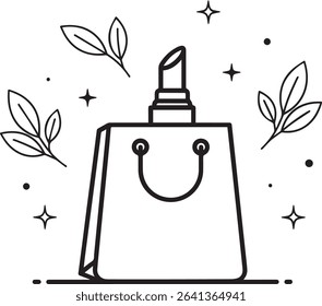Shopping Bag with Makeup Silhouette, Black and White Line Art