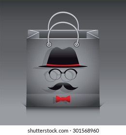 Shopping bag with man face image on it on gray background