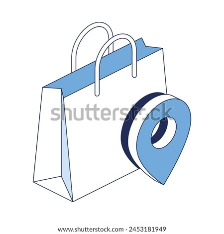Shopping bag map location. Vector 3d line isometric, color web icons, new flat style. Creative design idea for infographics.