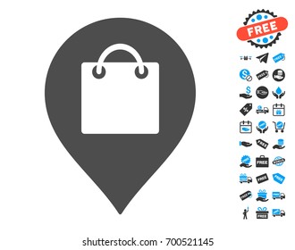 Shopping Bag Marker grey pictograph with free bonus pictograph collection. Vector illustration style is flat iconic symbols.