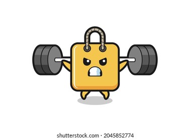 shopping bag mascot cartoon with a barbell , cute style design for t shirt, sticker, logo element