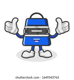 shopping bag mascot character holds his thumb up and uses virtual reality flat design vector illustration