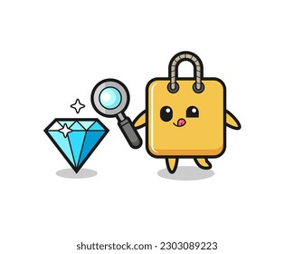 shopping bag mascot is checking the authenticity of a diamond , cute style design for t shirt, sticker, logo element