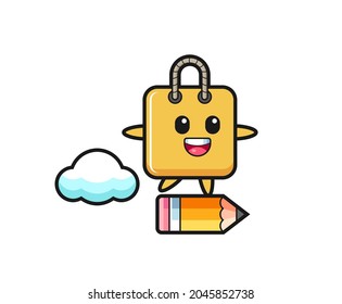 shopping bag mascot illustration riding on a giant pencil , cute style design for t shirt, sticker, logo element