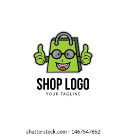 shopping bag mascot wearing glass with hand logo template
