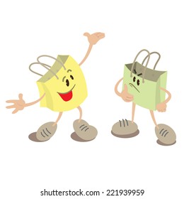 Shopping bag mascots talking to each other
