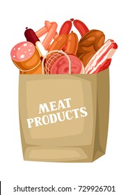 Shopping bag with meat products. Illustration of sausages, bacon and ham.