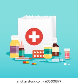 Shopping bag with medical pills and bottles. Medical concept. Flat design style modern vector illustration concept.