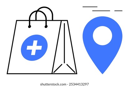 Saco de compras com um símbolo médico ao lado de um pino de localização. Ideal para serviços de saúde, compras on-line, serviços de entrega em farmácia, e-commerce e logística. Estilo vetorial minimalista moderno