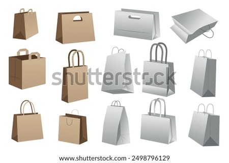 Shopping bag mega set realistic elements in flat graphic design. Bundle objects of blank brown and white paper packages, disposable and recycling packet mockups with handles. Vector illustration.