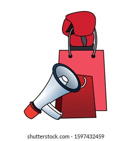 shopping bag and megaphone over white background, colorful design, vector illustration