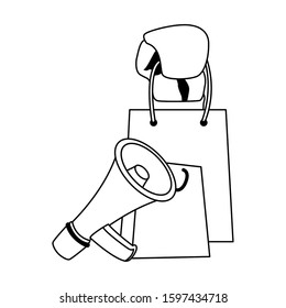 shopping bag and megaphone over white background, flat design, vector illustration