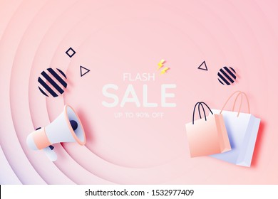 Shopping Bag And Megaphone For Sale Banner In Paper Art Style And Pastel Scheme Vector Illustration