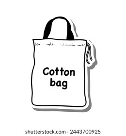 Bolso de compras con mensaje 'Bolso de algodón' en silueta blanca y sombra gris. Ilustración vectorial estilo de dibujos animados para decorar, colorear y cualquier diseño.