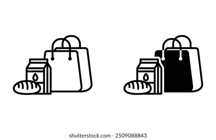 Bolso de compras con leche y pan, ilustración del Vector del icono de compras de comestibles