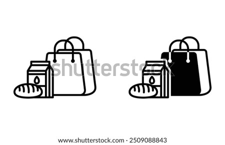 shopping bag with milk and bread, illustration of grocery shopping icon vector