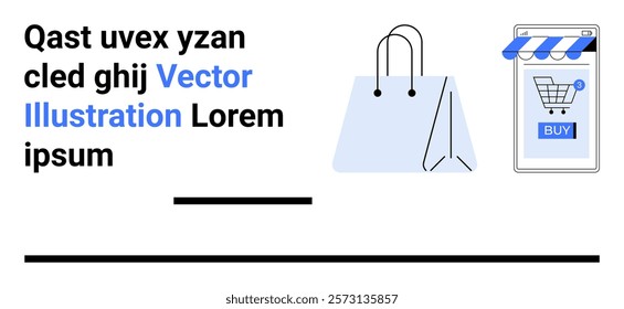 Shopping bag and mobile phone with buy button. Ideal for online shopping, e-commerce, mobile purchases, digital marketing, retail business. Minimalist design with text space. Banner for landing page