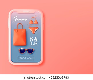 Shopping bag and mobile phone for sale banner in 3d realistic art style and pastel scheme vector illustration