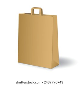 Bolso de compras Mockup. Bolso de compras de papel kraft marrón en blanco o bolsa de regalo con manijas planas plantilla de maqueta. Aislado sobre fondo blanco. Listo para usar en el diseño de marca. Ilustración vectorial.