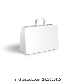 Bolso de compras Mockup. Bolso de compras de papel blanco en blanco o bolsa de regalo con manijas planas plantilla de maqueta. Aislado sobre fondo blanco con sombra. Listo para usar en el diseño de marca. Ilustración vectorial.