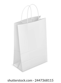 Shopping Bag Mockup. White paper packet bag with rope handles. Packaging for supermarket or grocery store. Isolated on white transparent background. Vector illustration.