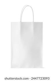 Maqueta de bolso de compras. Bolsa de papel blanco con asas de cuerda. Embalaje para supermercado o tienda de comestibles. Aislado sobre fondo blanco transparente. Ilustración vectorial.