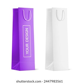 Shopping Bag Mockup. White paper packet bag with rope handles for wine bottle packaging. Pack supermarket or grocery store. Isolated on white transparent background. Vector illustration