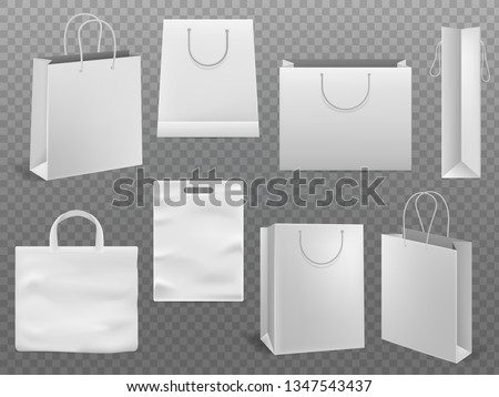 Shopping bag mockups. Empty handbag white paper fashion bag  