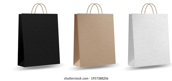 Shopping bag mockups. Paper package isolated on white background. Realistic mockup of craft paper bags.