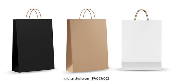 Shopping bag mockups. Paper package isolated on white background. Realistic mockup of craft paper bags.