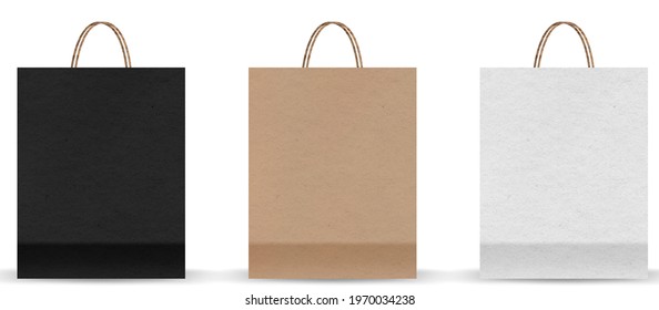 Shopping bag mockups. Paper package isolated on white background. Realistic mockup of craft paper bags.