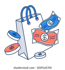 Shopping bag with money, colored hand drawn sketch vector objects