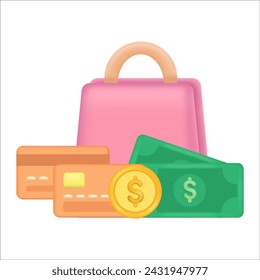 Shopping bag with money and credit card. Internet Store, Online Shopping Concept.