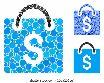 Shopping bag mosaic of small circles in variable sizes and color hues, based on shopping bag icon. Vector small circles are combined into blue mosaic.