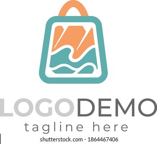 Shopping bag and mountain and sea wave logo design vector illustration. 
