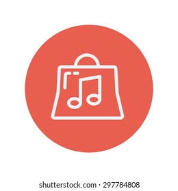 Shopping bag with musical note thin line icon for web and mobile minimalistic flat design. Vector white icon inside the red circle