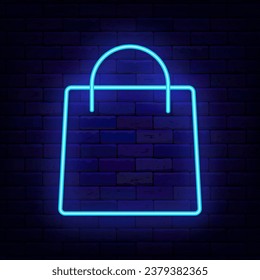 Shopping bag neon icon. Duty free sign on brick wall. Special offer concept. Shopping item. Marketing promotion. Glowing retail banner. Editing text. Vector stock illustration