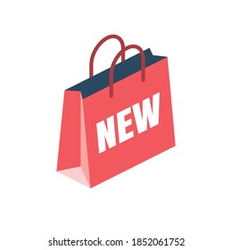 Shopping bag new text. Vector 3d isometric, color web icons set, new flat style. Creative illustration, idea for infographics.