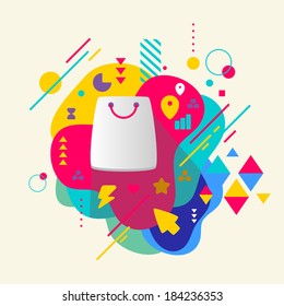 Shopping bag on abstract colorful spotted background with different elements. Flat design.