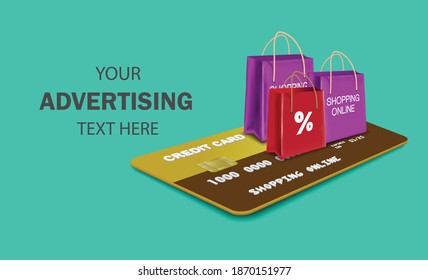 shopping bag on credit card and green background for online shopping advertising
 design,vector 3d isolated on green background