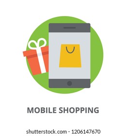 
Shopping bag on mobile screen along with gift box denoting icon for mobile shopping 
