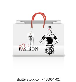 Shopping Bag on white background with a print - Fashion illustration