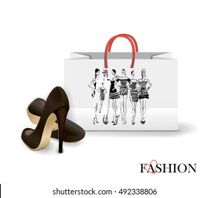 Shopping Bag on white background with a print - Fashion illustration