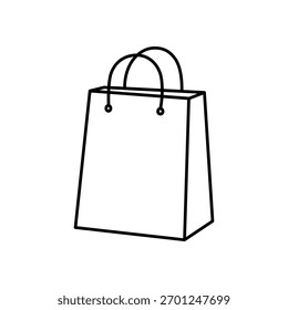 Shopping bag outline icon in minimalist line art style, a simple vector for retail, commerce, and happy shopping, symbolizing purchases and gifts.