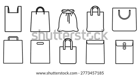 Shopping bag outline icon set, retail and commerce packaging technical sketch