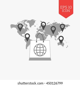 Shopping bag over world map with pointers. International sale concept. Flat design gray color symbol. Modern UI web navigation, sign. Illustration element